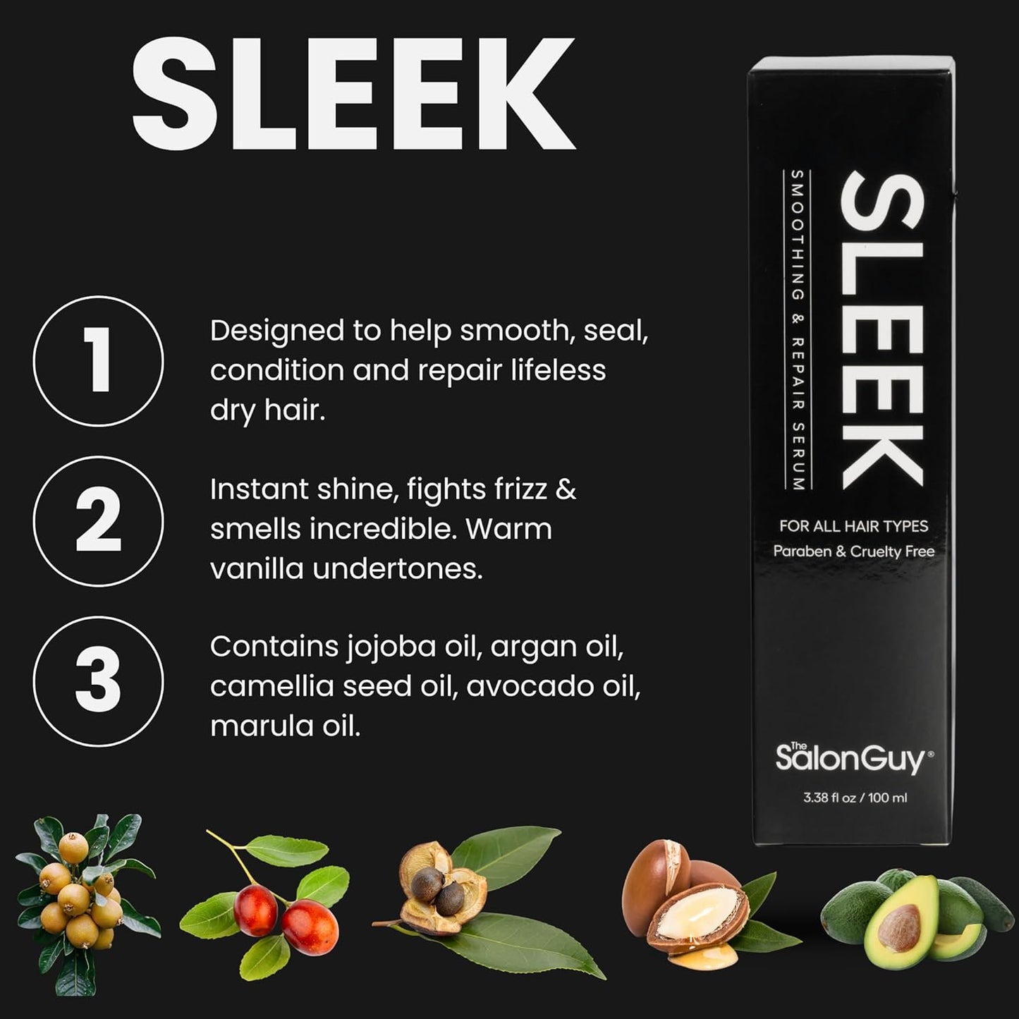 THESALONGUY SLEEK Hair Serum for Frizzy and Damaged Hair - Blend with Jojoba, Argan, Avocado & Marula Oil - UV, Color & Heat Protectant Serum - Nourishes & Repair - Ideal for Men & Women