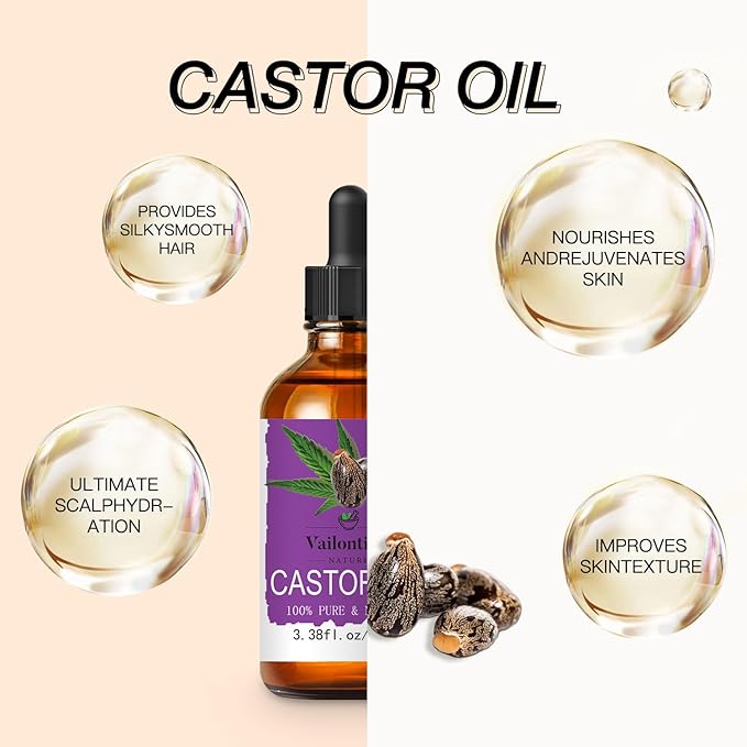 Castor Oil - Carrier Oil for Hair Growth, Relaxing Massage and Body Oil, Castor Oil for All Hair Types and Skin (Castor Oil, 3.4 Fl Oz)