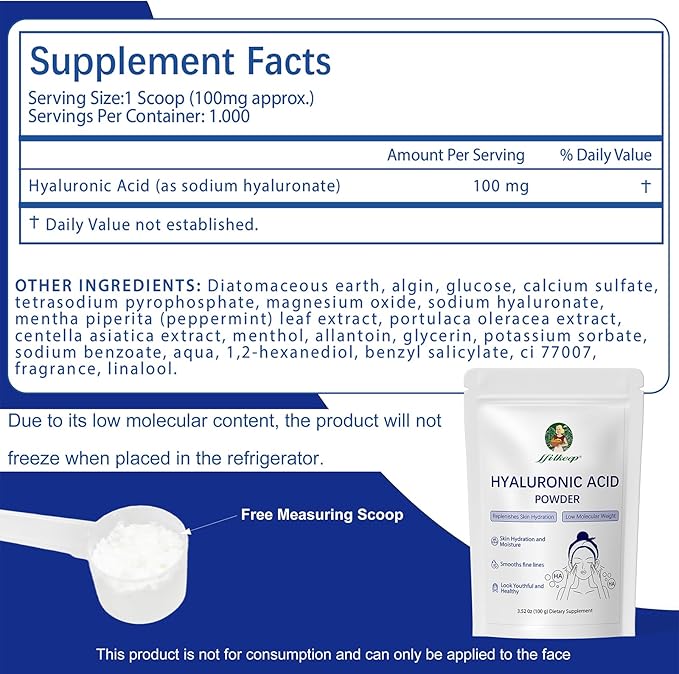 Hyaluronic Acid Powder,Low Molecular Weight,Not Edible Hyaluronic Acid Powder for Skin Care,Vegan Cosmetic Grade,Water-Soluble HA for DIY Face Serum & Anti-Aging Skincare (1)