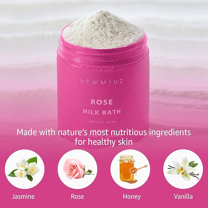 Calming Rose Coconut Milk Bath Soak Moisturize Soften Skin Honey Jasmine Vanilla Destress Luxury Spa Bath Salt Powder Stress Relief Gifts for Women