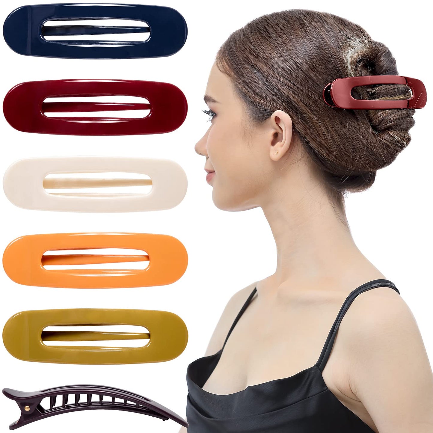 RC ROCHE 6 Pcs Flat Claw Hair Clips for Women Lay Down Barrettes No Crease Side Slide Thick Long Hair Duckbill French Against Head Jaw Claw Styling Clamp, Medium Classic