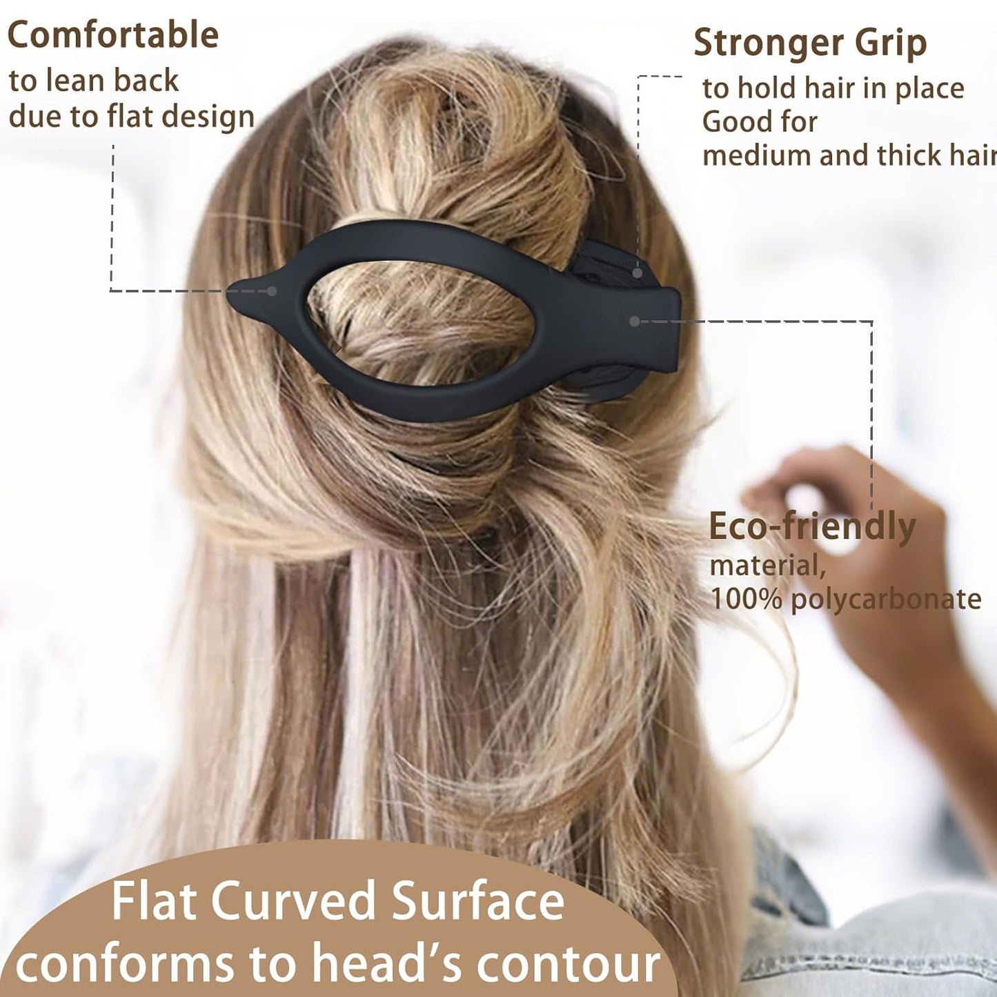 6 Pack Flat Hair Claw Clips for Women Duck Billed French Lay Down Hair Barrettes Accessories 100% Polycarbonate Matte Dark Brown