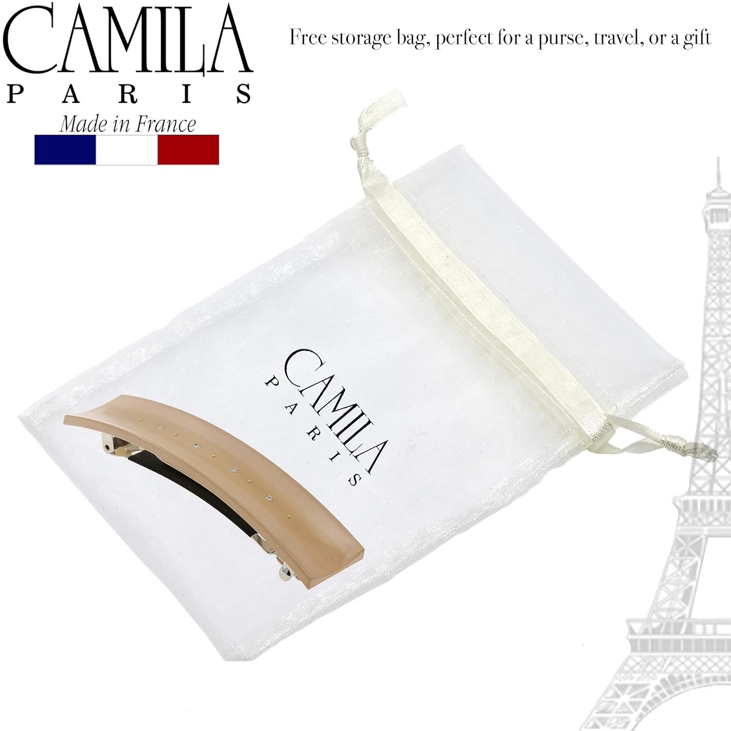 Camila Paris CP3189 French Hair Barrette Clip for Girls, Brown, Rubberized Automatic Clasp Strong Hold Grip Hair Clips for Women, No Slip and Durable Styling Girls Hair Accessories, Made in France
