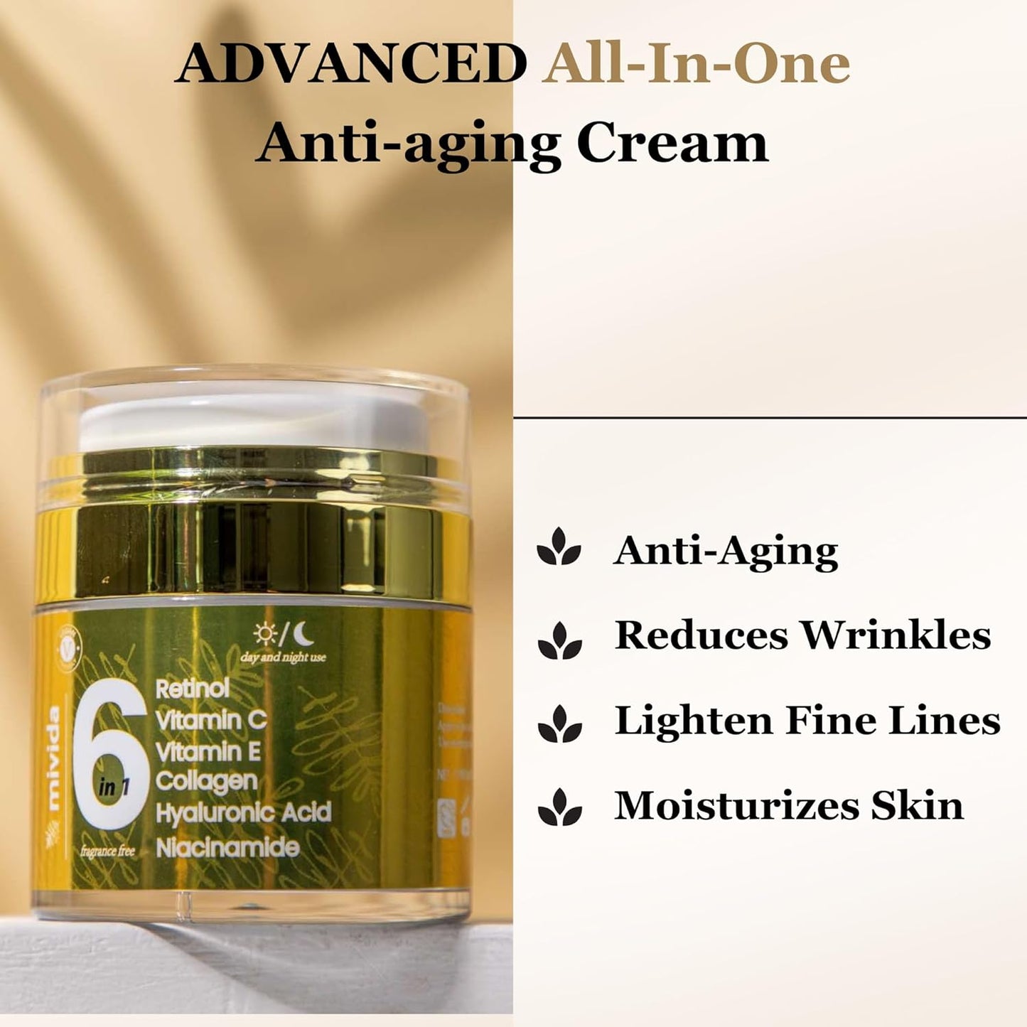mivida Advanced Retinol Cream for Face & Neck | 6-in-1 Anti-Aging Moisturizer with Collagen, Hyaluronic, Vit C & E | Firms, Reduces Wrinkles, Fine Lines & Dark Spots | Daily Face Cream 1.7floz