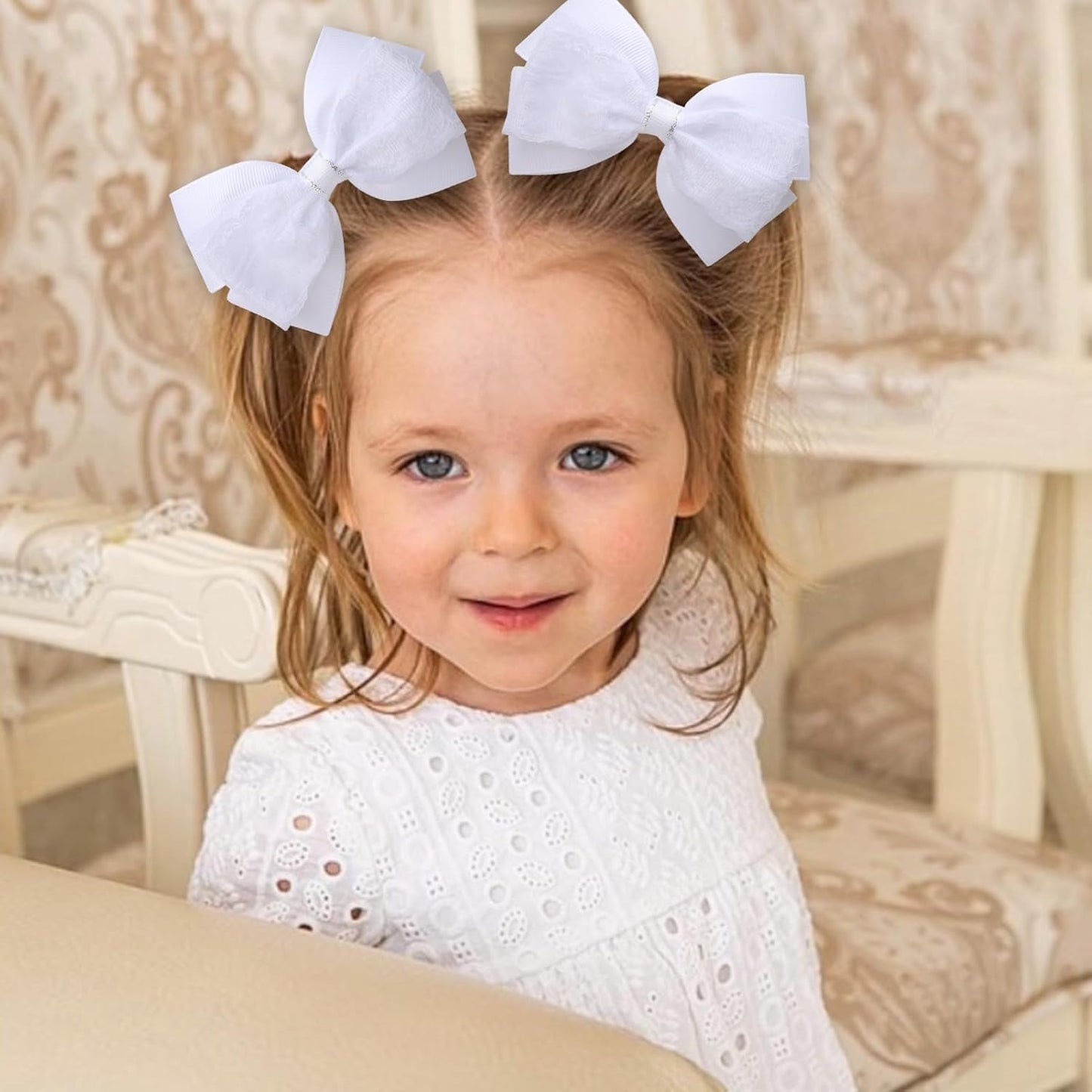 4-Inch Hair Bows Alligator Clips Delicate Lace Hair Accessories for Girls, Toddler, Kids and Women Daily Dress Up Birthday Wedding Christmas Occasions- Set of 2 (White)