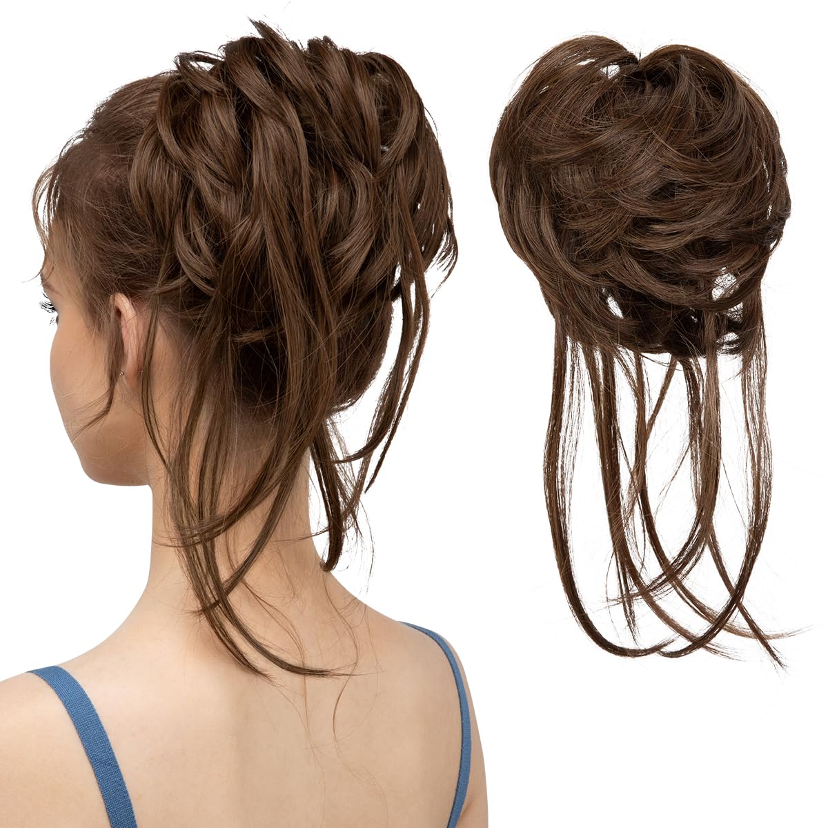 CJL HAIR Messy Bun Hair Piece Curly Hair Bun Extensions with Straight Tails Synthetic Hair Scrunchies Ponytail Hairpieces for Women Chocolate Multi