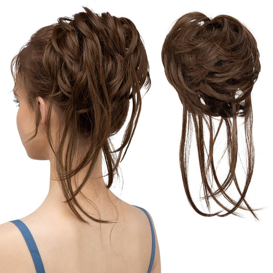 CJL HAIR Messy Bun Hair Piece Curly Hair Bun Extensions with Straight Tails Synthetic Hair Scrunchies Ponytail Hairpieces for Women Chocolate Multi