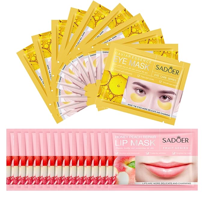 MEICOLY 30 Pads Eye and Lip Masks Sheet,Moisturizing Caviar Under Eye Mask,Hydrating Peach Lip Masks,Crystal Anti-Aging Eye Patches Dark Circle Remover with Box,15 Eye Mask+15 Lip Mask