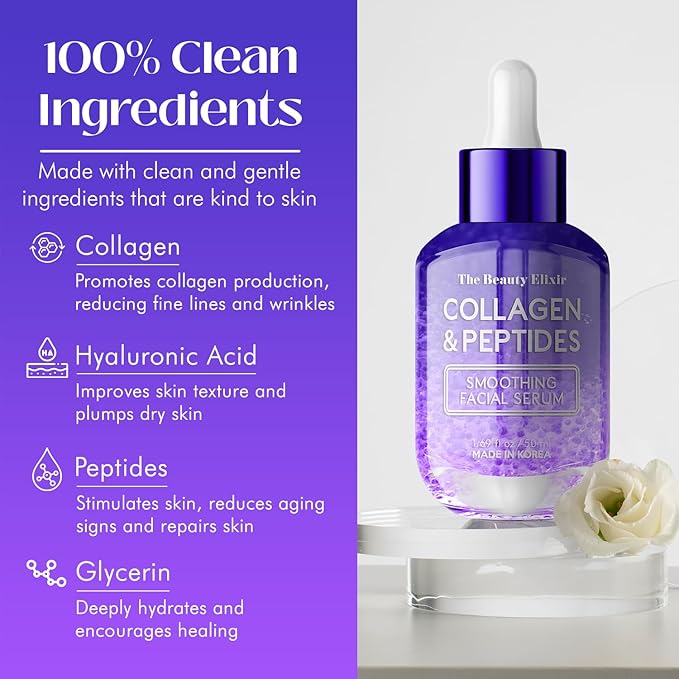 Collagen & Peptides Serum For Face - Dermatologist Tested, Anti-Aging, Hydrating & Repairing Treatment for Fine Lines & Wrinkles - Clean Beauty, Cruelty-Free Korean Skincare - 1.69oz