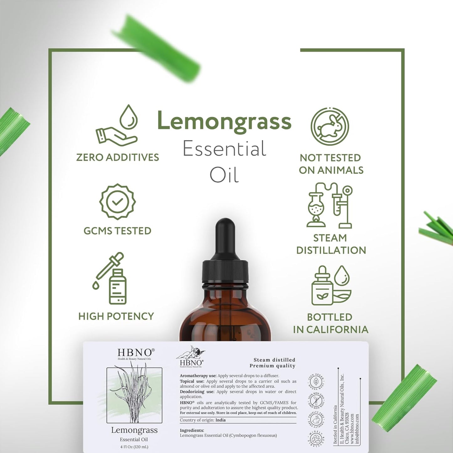 HBNO Organic Lemongrass Essential Oil - Huge 4 oz (120ml) Value Size - USDA Certified Organic Lemongrass Essential Oil, Perfect for Aromatherapy, Soap Making, DIY, Diffuser
