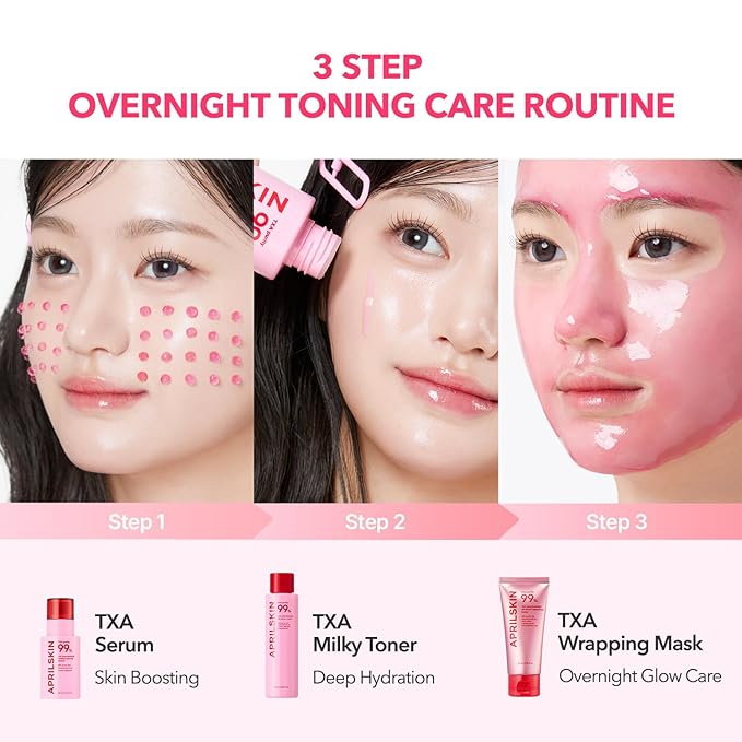 APRILSKIN TXA Overnight Glow Booster Trio: TXA Niacinamide Toning Shot 99 Spicule Facial Serum, TXA Niacinamide 99 Pink Milky Toner and TXA Niacinamide 99 Overnight Wrapping Mask