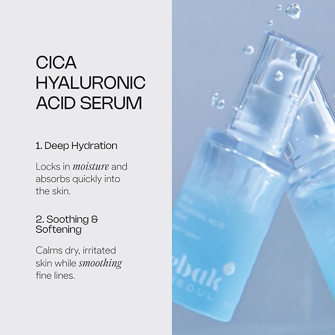 Meebak Cica & Hyaluronic Acid Serum with Vitamin C | Hydrating & Plumping Face Serum | Fine Lines & Dry Skin | Korean Skincare | Suitable for All Skin Types