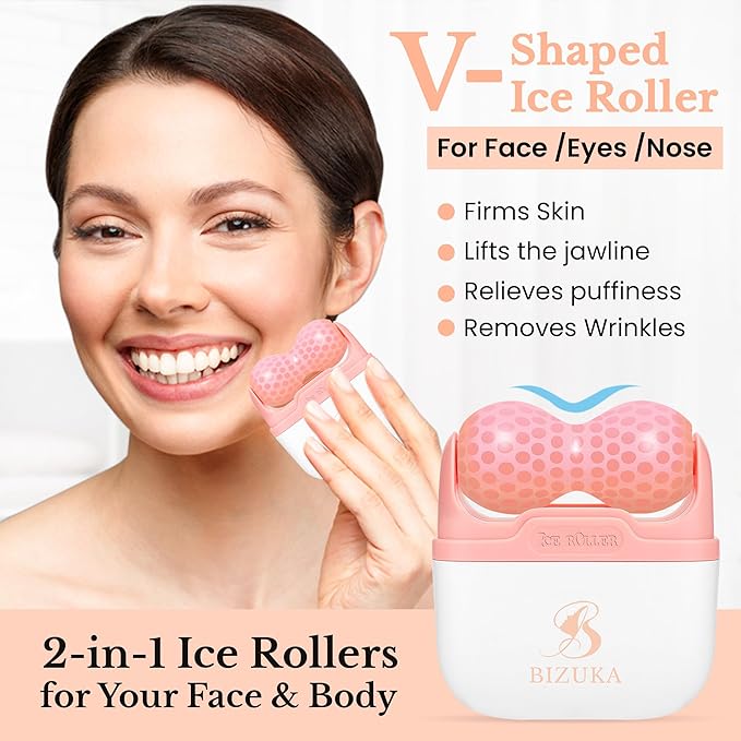 Ice Roller for Face and Eyes Facial Skin Care Tool 2-in-1 Ice Roller for Face & Eyes - Reduces Puffiness, Relieves Migraines, with Travel Case - Ideal Gift for Women (Pink)