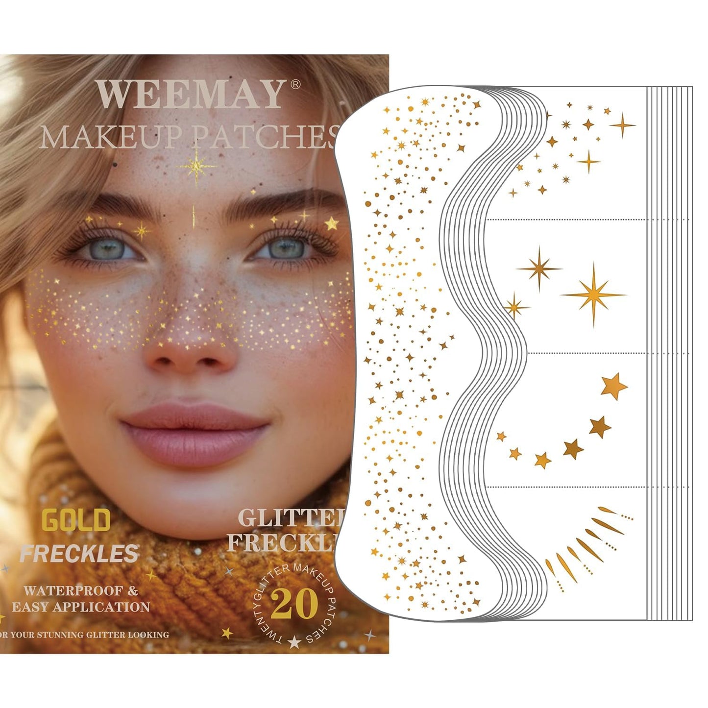 20 Pcs Gold Glitter Freckles Face Tattoo, Gold glitter Freckles Makeup Patches, Waterproof Sparkle Freckles, Glitter Freckles Temporary Face Tattoos for Women