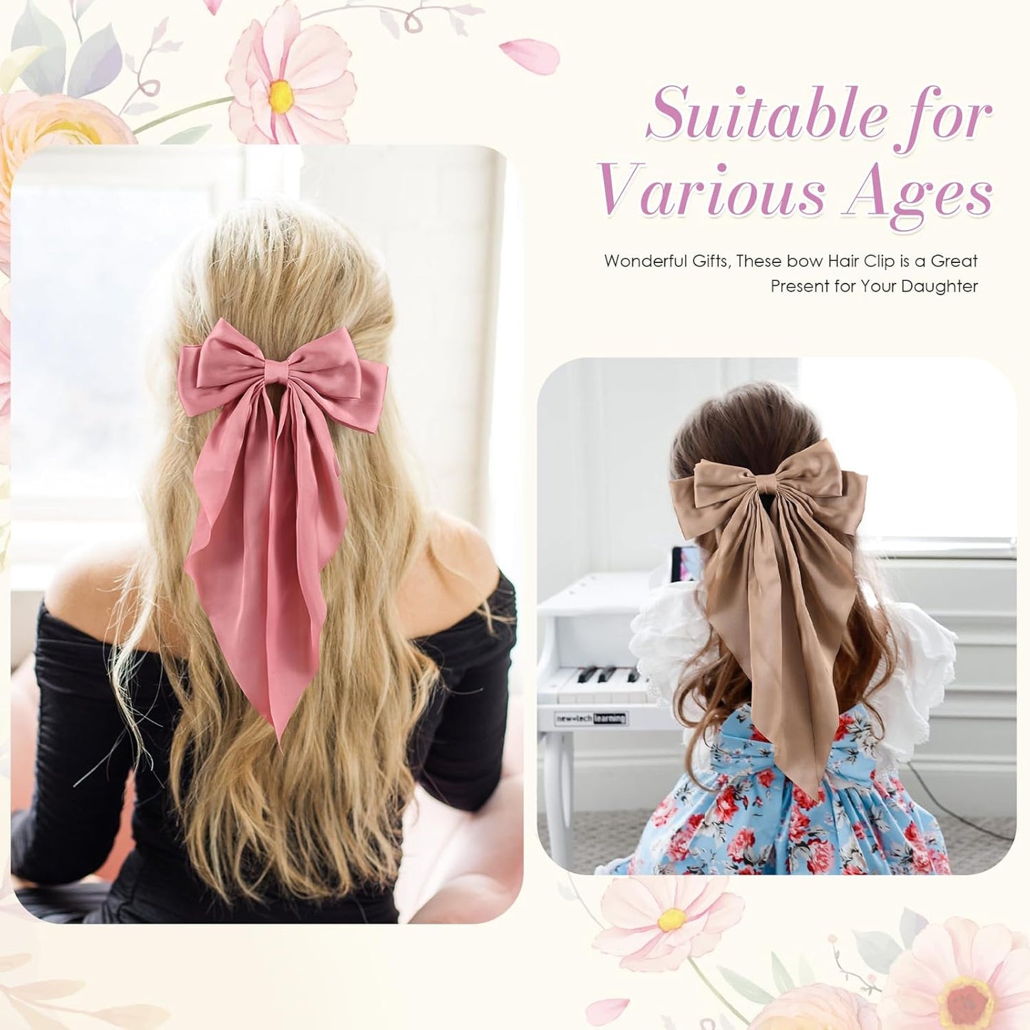 6 PCS Hair Bows for Women, Big Bow Hair Clips for Girls, Silky Satin Hair Bows Clips Oversized Long Tail, Large Cute Aesthetic Hair Accessories, Metal Bow Hair Clips Holiday Gifts