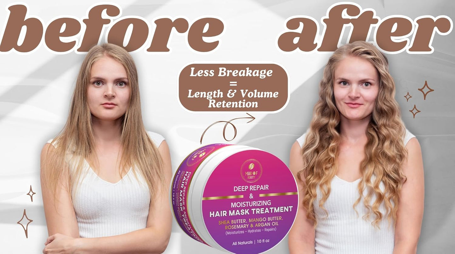 Deep Repair Hair Mask - Moisturizing Treatment with Shea Butter, Mango Butter, Argan Oil & Rosemary - Hydrates & Restores Dry, Damaged Hair - 10 fl oz