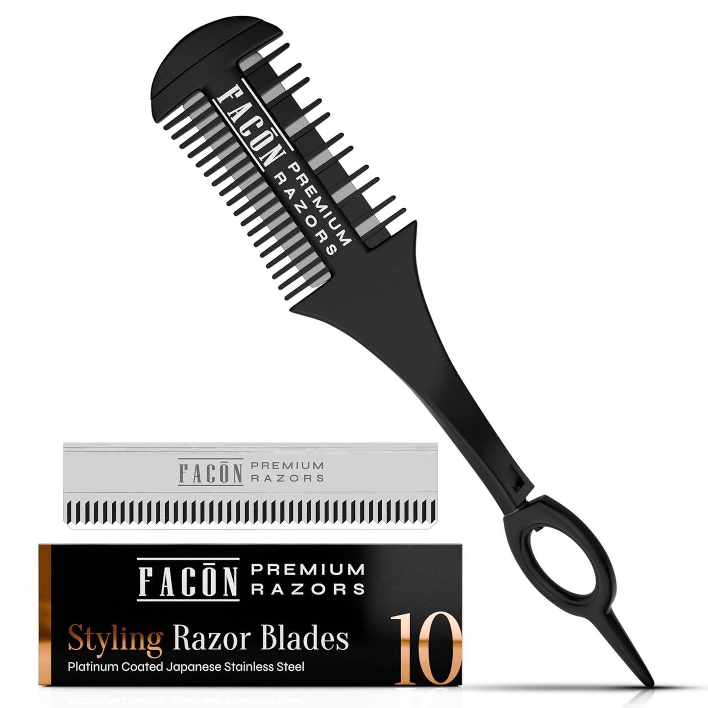 Facón Razor Comb for Hair Cutting - Professional Hair Cutting Comb Kit with 12 Replacement Blades, Double Edge Shaper for Salon & Home, Premium Styling Thinning Texturizing Split Ends Trimming Razor