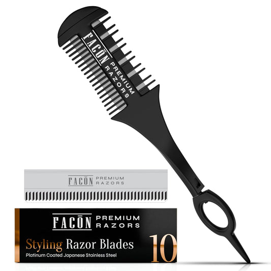 Facón Razor Comb for Hair Cutting - Professional Hair Cutting Comb Kit with 12 Replacement Blades, Double Edge Shaper for Salon & Home, Premium Styling Thinning Texturizing Split Ends Trimming Razor