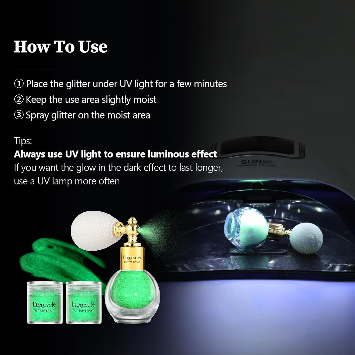 Etercycle Body Glitter Spray, Glow in The Dark Party Supplies Hair Glitter, Extra Fine Face Shimmer Powder UV Black Light Sparkly Glitter Gifts for Glow Party Halloween Easter Rave Accessories Makeup