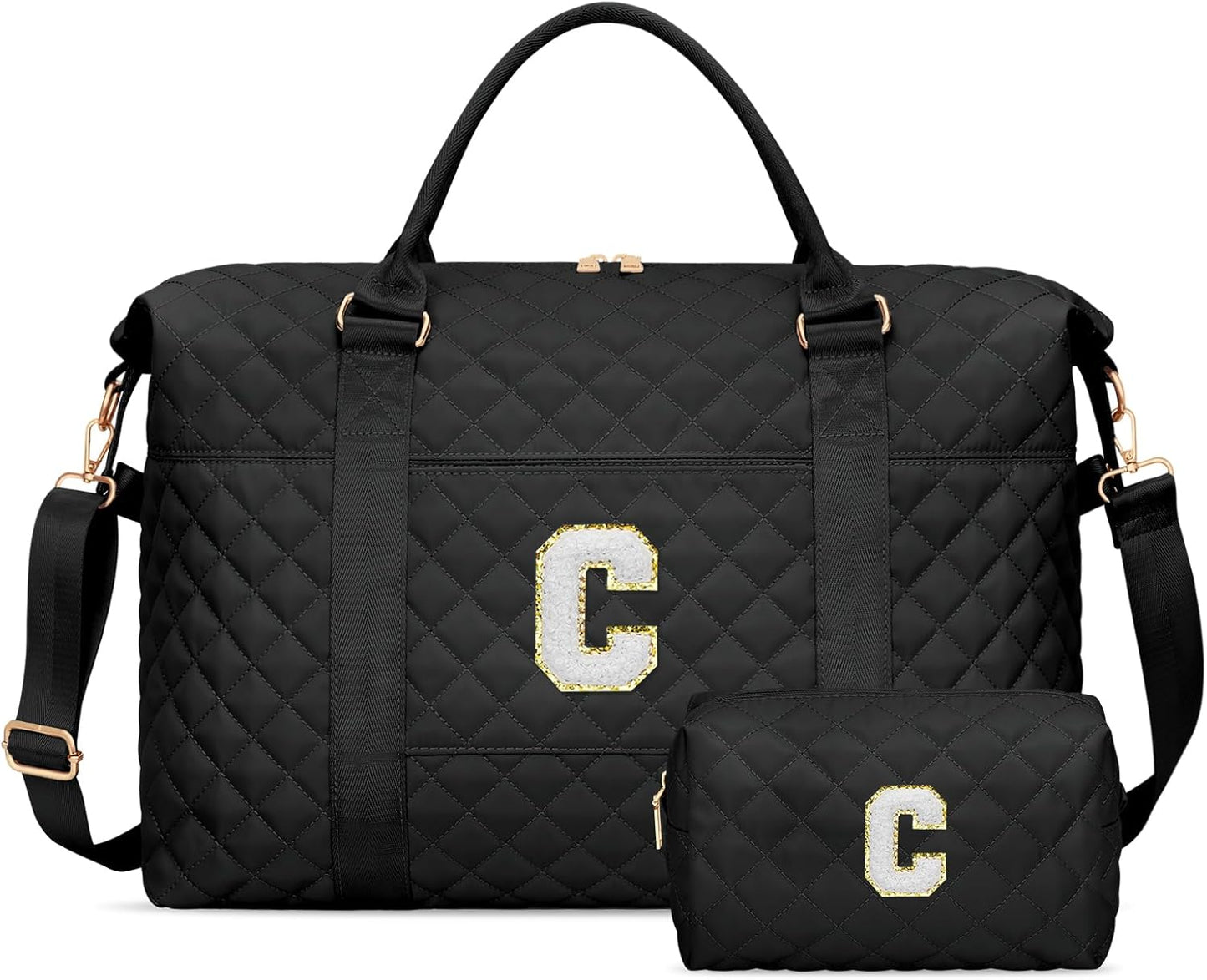 Gifts for Teen Girl, Initial Travel Duffle Bag, Personalized Women Weekender Overnight Bags, Gift for Daughter Kid Girl Wife Friend（Black,C)