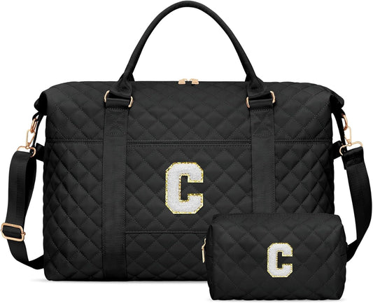 Gifts for Teen Girl, Initial Travel Duffle Bag, Personalized Women Weekender Overnight Bags, Gift for Daughter Kid Girl Wife Friend（Black,C)