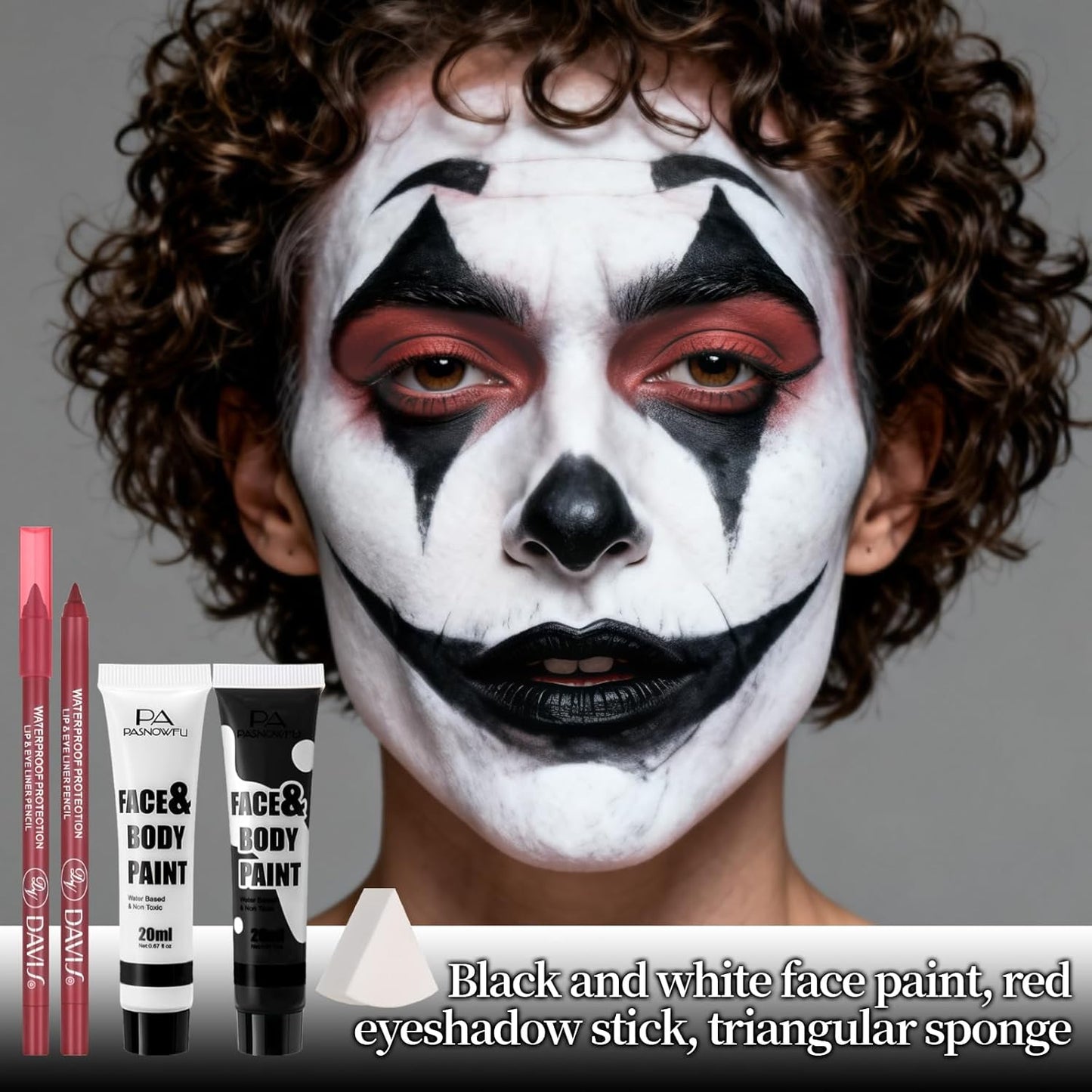 Halloween Makeup Kit for Clown, Black White Face Paint Set for Classic joker Skeleton Looks with Red Eyeshadow Stick, Water-Based Body Paint Set for Cosplay SFX Makeup, Stage shows, Parties