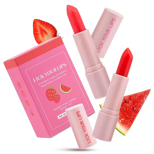Watermelon Tinted Lip Balm and Strawberry Sugar Lip Scrub Stick Duo - Lip Scrubber Exfoliator helps Lip Repair, Deep Hydration, and a Soft, Radiant Pout 8.10g