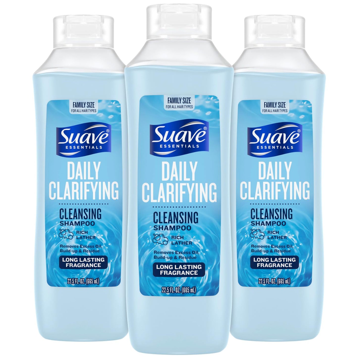 Suave Clarifying Shampoo, Family-Size 3-Pack – pH-Balanced & Hypoallergenic Daily Deep Cleansing Shampoo for Normal to Oily Hair, 22.5 Oz Ea