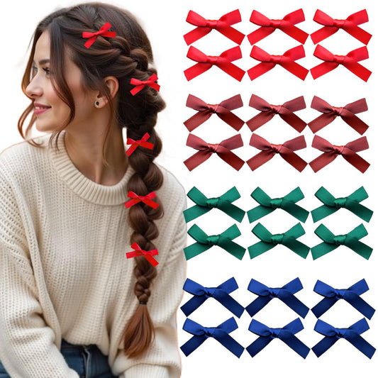 24 PCS Small Hair Ribbon Bow Clips for Women, Girls, Teens, Toddlers, Baby, Romantic Red Blue Green Brown Coquette Barertte Hair Clips Accessories