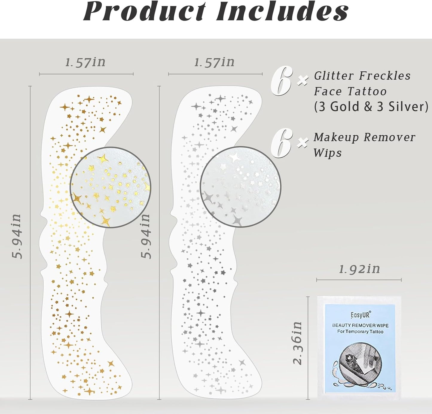 6 PCS Glitter Freckles Face Tattoo, Gold&Silver Waterproof Face Sparkle Glitter Speckles Patches for Women, Cute Star Metallic Glitter Temporary Tattoo Makeup Accessories for Festival #Set A