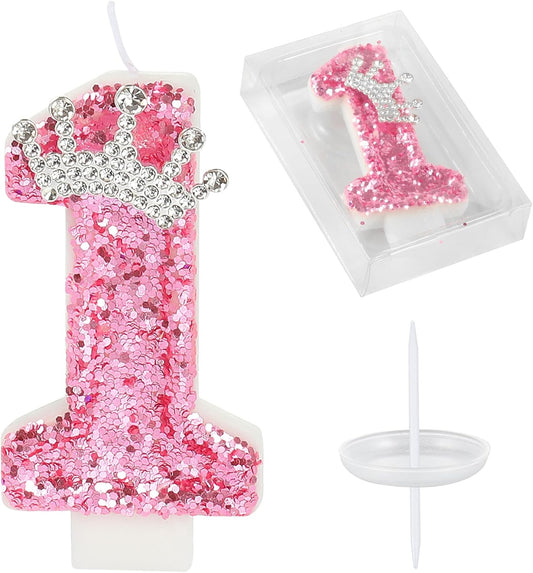 Birthday Number Candles,Pink Crown Birthday Candles for Cake,Glitter Number 1 Candle Cake Topper with Sequins for Girls,Women, Anniversary Celebrations Supplies (Pink 1)