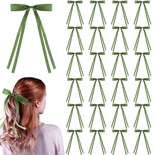 24 PCS Hair Bows Clips Ribbon,Mini Satin Hair Bows With Long Tail for Women and Girls Hairstyle Accessory Gift (Green)