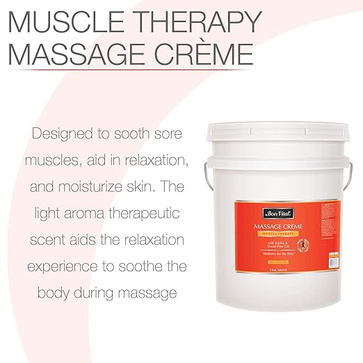 Bon Vital' Muscle Therapy Massage Creme, Professional Massage Cream with Dwarf Pine Oil & Essential Oils for Relaxation & Soreness Relief, Deep Tissue & Sports Massage Techniques, 5 Gallon Pail