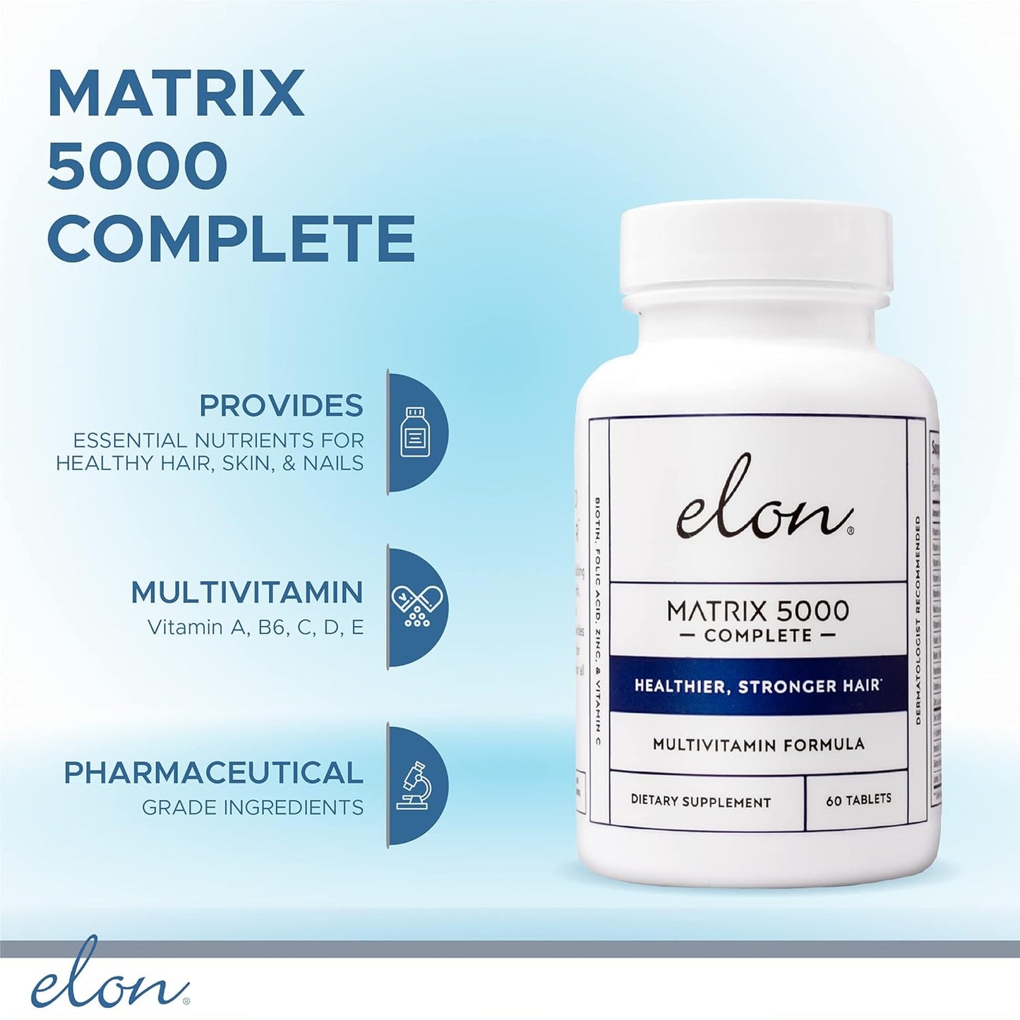Elon Matrix 5000 Complete Multivitamin — Skin, Hair and Nail Growth Vitamins — Healthy Hair Growth Vitamins for Women & Men — 5000Mcg Biotin Supplement (60 Day Supply)