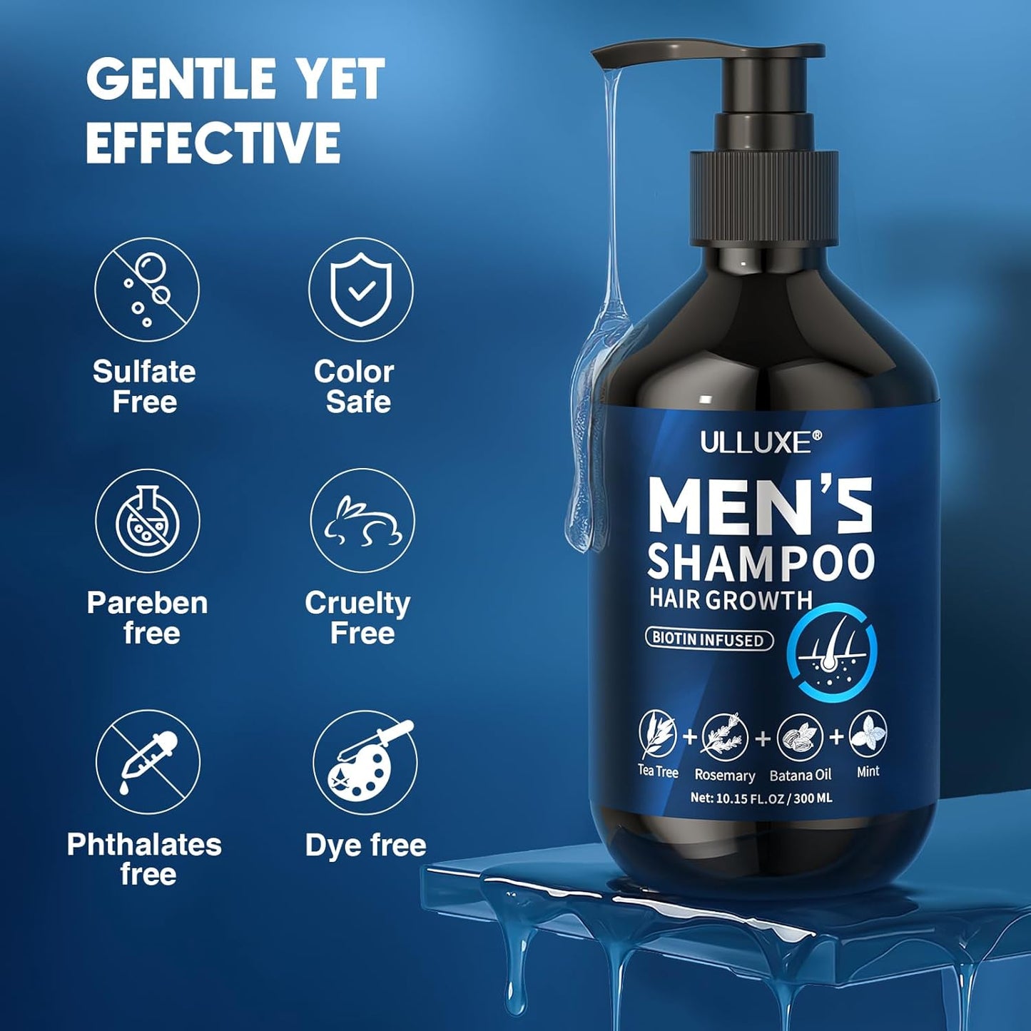 Biotin Hair Growth Shampoo for Men: Natural Mens Thickening Shampoo for Hair Loss and Thinning Hair, Infused Rosemary Oil Tea Tree Oil and Mint, Sulfate Free and Color Safe, 10.15 fl.oz