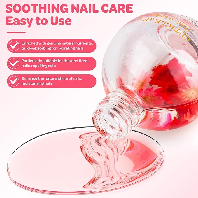 JIASHENG Cuticle Oil, Strawberry Scented Cuticle Nail Oil Infused with Real Flowers, Hydrates, Moisturizes, Strengthens, Repairs, Revitalizing Cuticle Oils for Nails Damage Dry Cuticle, 15ml