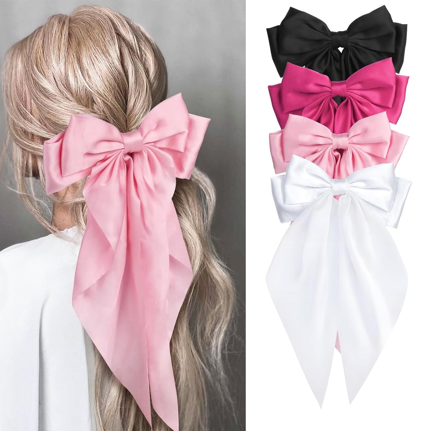Silky Satin Hair Bows for Women Girls - 4PCS Ribbon Bows for Hair, Big Bow Hair Clips with Long Tail, Barrettes - Cute Hair Accessories Gifts (Hot Pink, Pink, White, Black)