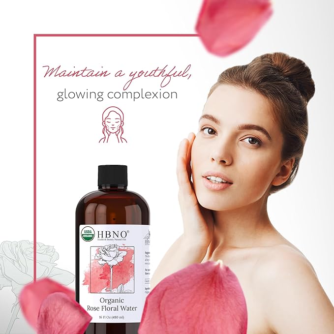 HBNO California Bottled Organic Rose Water for Face - 16 fl oz (480ml) Value Size - USDA Certified Pure for Hair, Skincare, Haircare