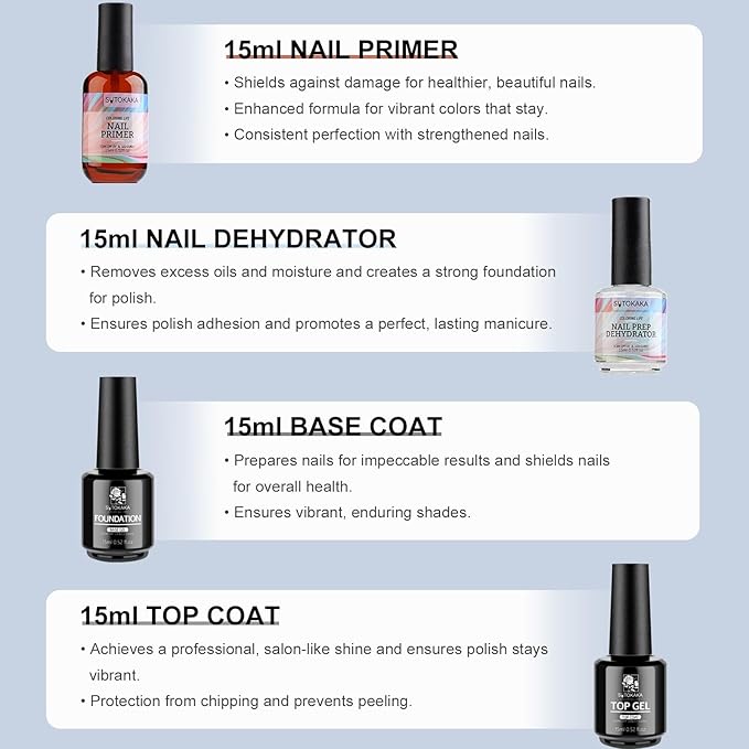 4Pcs 15ml No Wipe Top and Base Coat Set with Nail Dehydrator and Primer X-Strength for Gel Polish Long Lasting Nail Bonding Strengthening Kit for Women