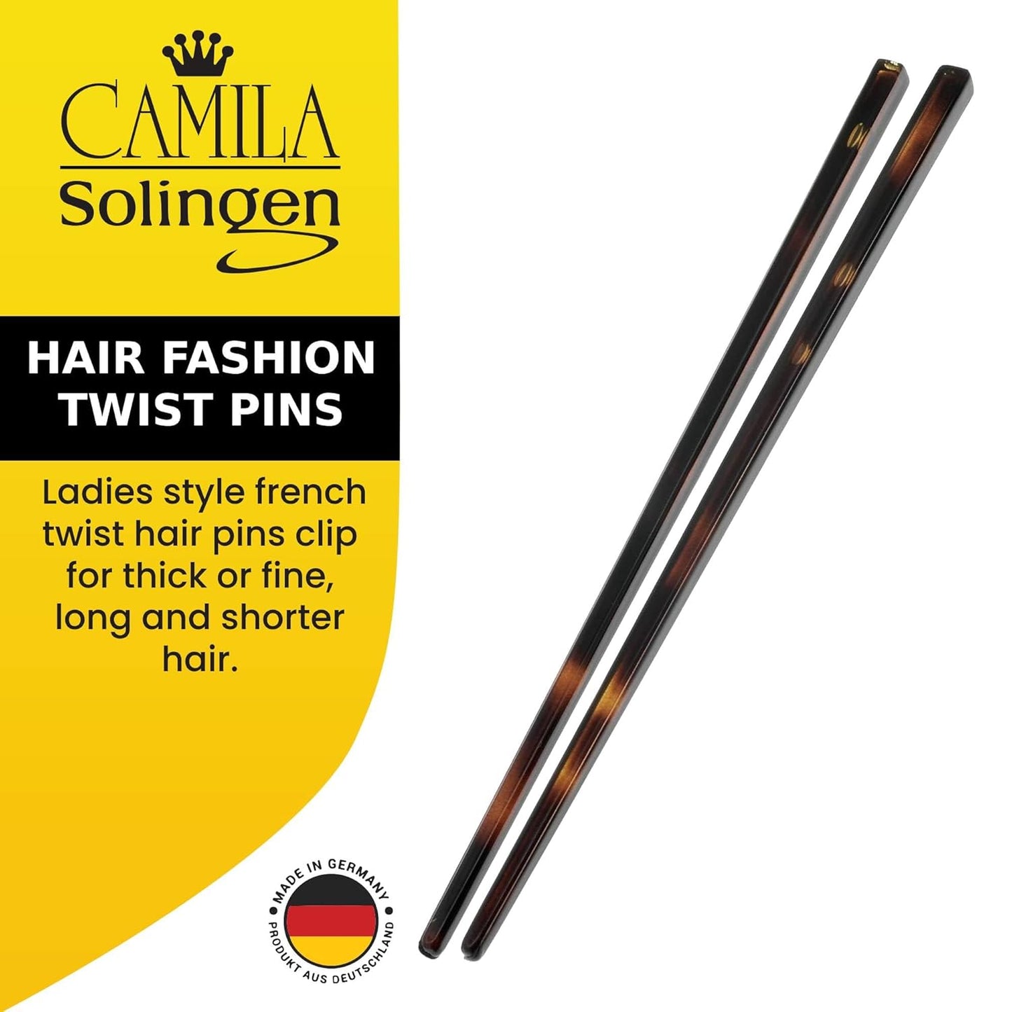 Camila Paris AD28/2 French Twist Stick Hair Pin, Set of 2 Tortoise Shell, Girls Chopsticks Hair Pins for Girls Spiral Updo Chignon Bun Holder, Styling Hair Accessories for Women, Made in France