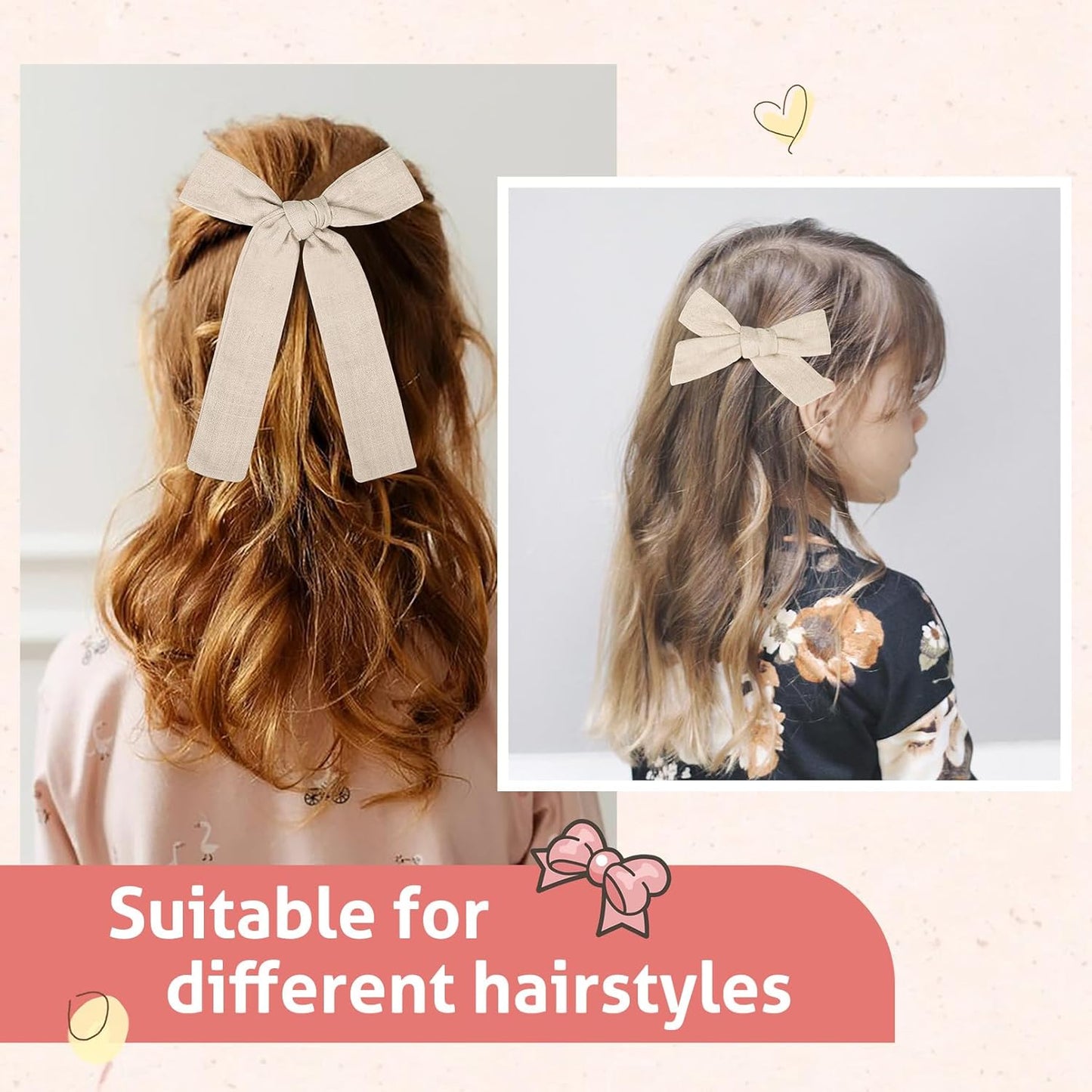 DEEKA Beige Cotton Linen Hair Bows 2 Sizes 5"&3.5" Soft Hair Bow set for Toddler Girls Long Ponytail Knot Bows Alligator Clip Hair Accessories for Little School Girls (Beige)