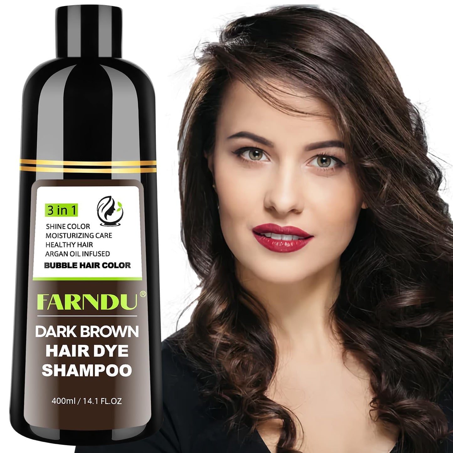 FARNDU Dark Brown Hair Dye Shampoo 3 in 1 with Argan Oil – 10-15 Min Gray Coverage, Natural Instant Hair Color Shampoo for Women and Men, Long-Lasting Up to 6 Months