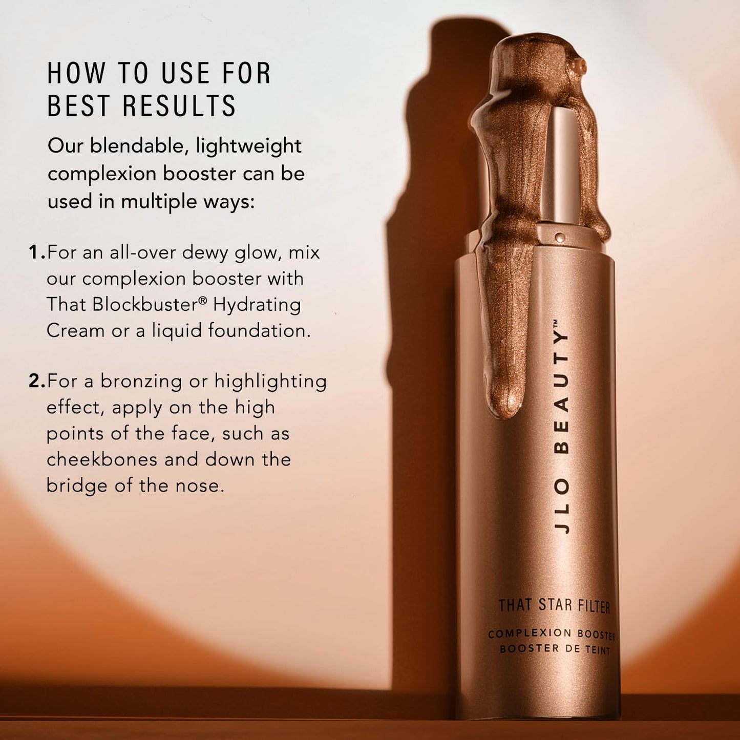 JLO BEAUTY Complexion Booster Highlighter & Bronzer for Face & Body, Lightweight Skin Care Makeup Primer with Vitamin E, Shimmer Skin Tint for Dewy Glow, That Star Filter, Pink Champagne, 1 Fl Oz