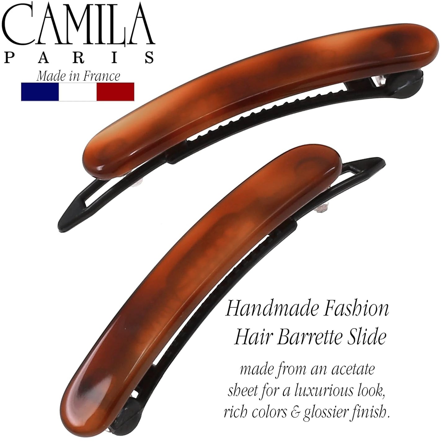 Camila Paris CP3376 French Hair Barrettes Clips for Women, Handmade, Girls Side Slide-in Barrette Clip, Hair Accessories for Women. Strong Hold No Slip Grip Fashion Durable Styling, Made in France