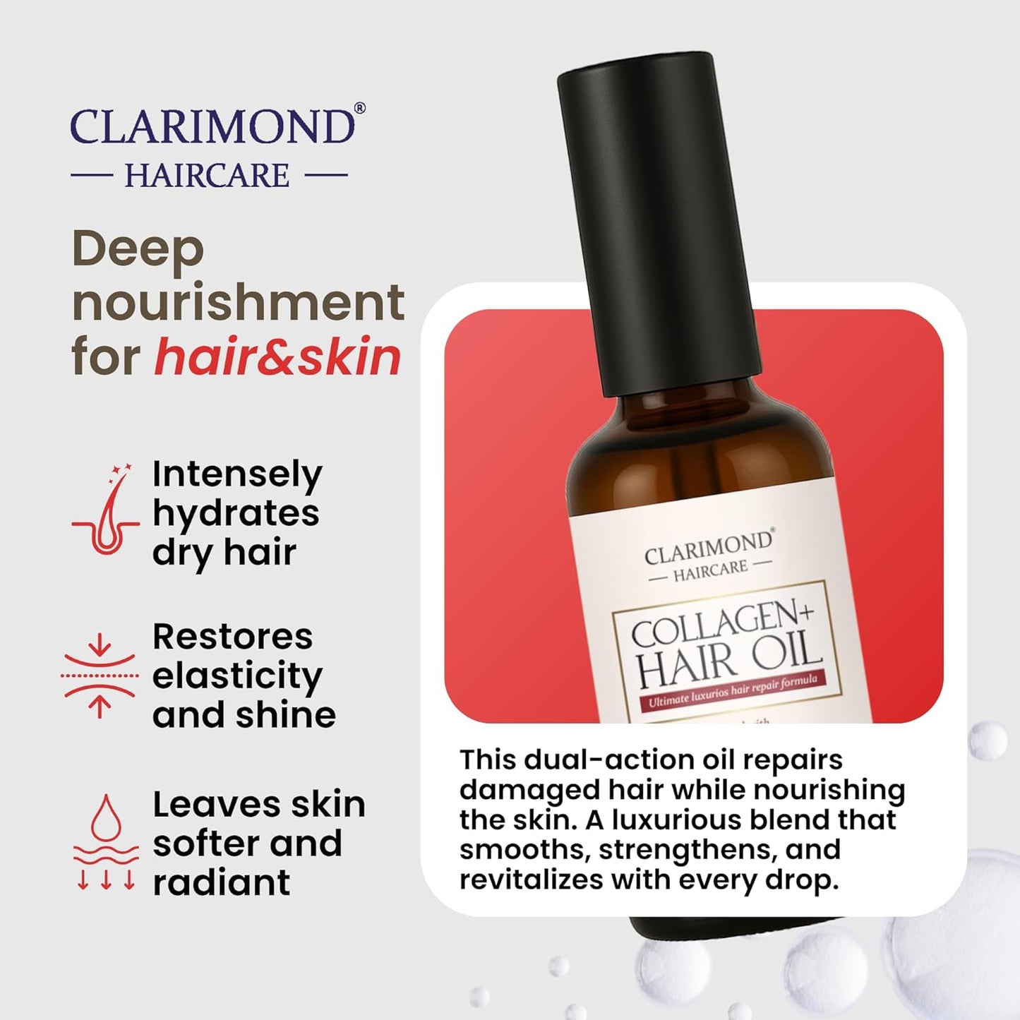 CLARIMOND Collagen Booster Hair & Skin Oil | Vitamin E Hair Oil with Collagen for Women | Growth Serum with Vitamins for Curly, Thick, or Fine Texture | Paraben & Sulfate Free | Natural Ingredients
