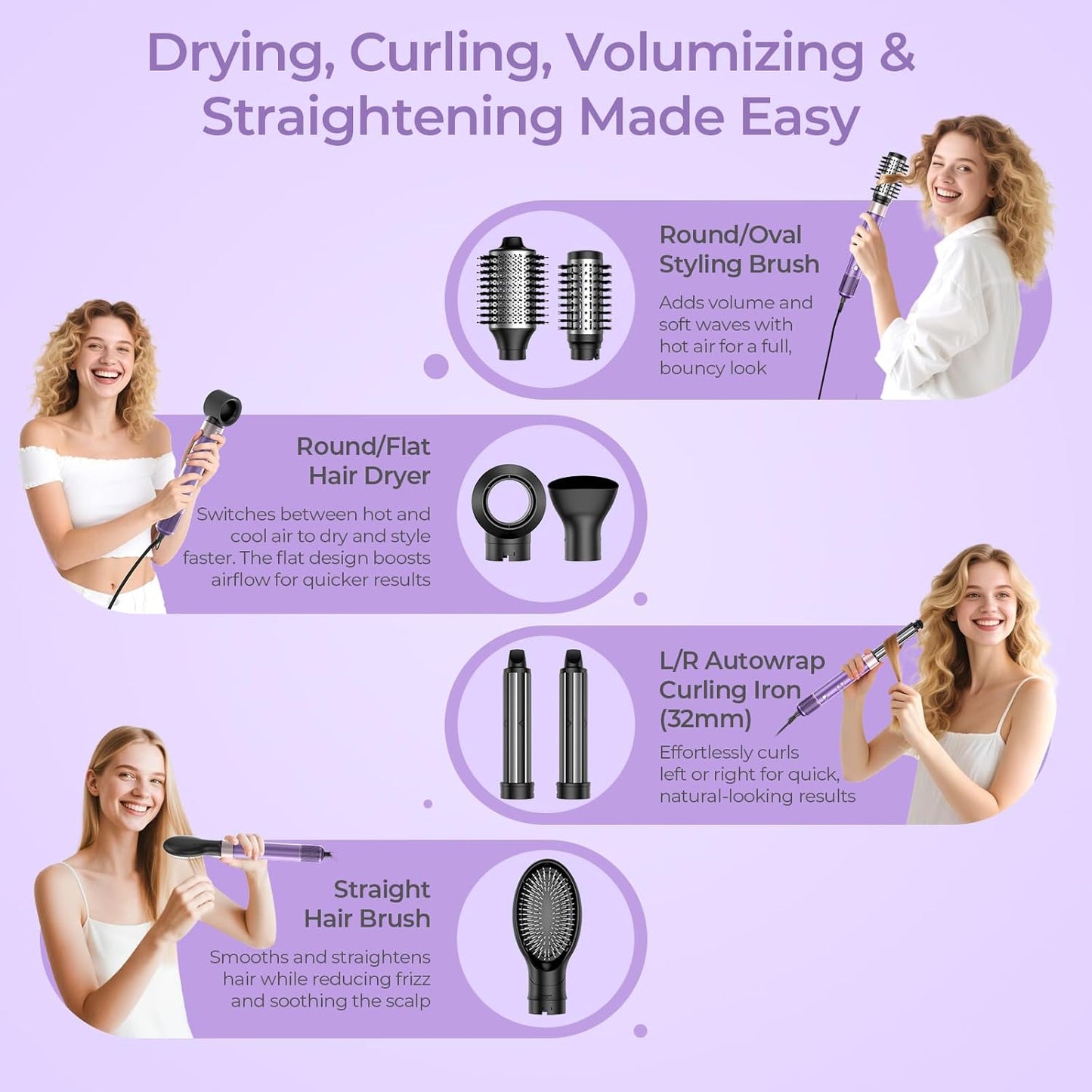 7 in 1 Blow Dryer Brush Set – Hot Air Styler for Fast Drying, Curling, Straightening & Volumizing – Ionic Hair Dryer Brush with 1500W Power – No Heat Damage for All Hair Types – Lilac