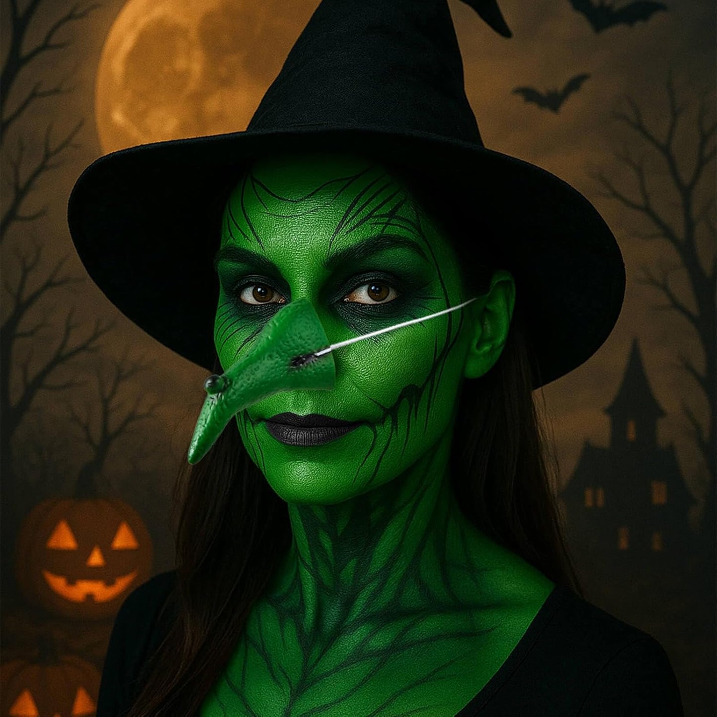 Halloween Green Witch Makeup Kit,1.01oz Water Based Green Face Body Paint+Witch Fake Nose+Black Eye black+Sponge,Elphaba Cosplay Costume for Kids & Adults,Safe Face Painting SFX Makeup Kit