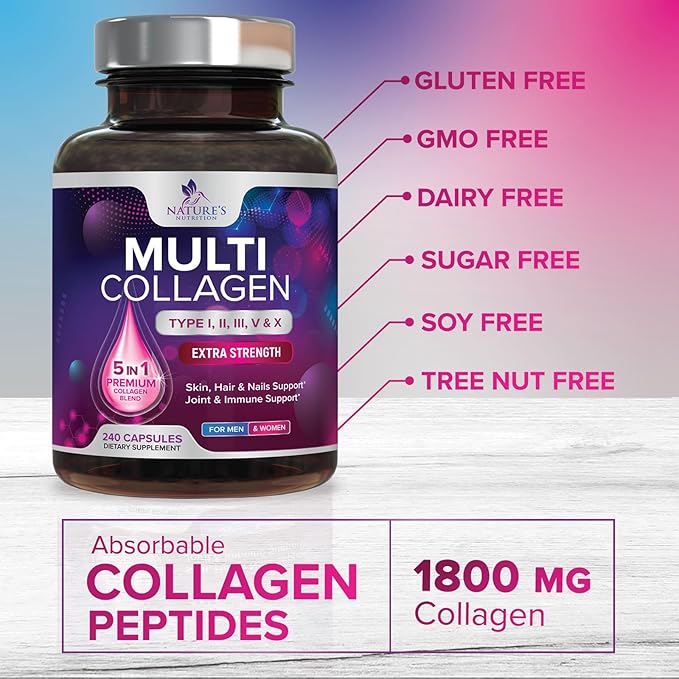 Collagen Peptides for Women & Men - Type I, II, III, V, X Multi Collagen Pills, Hydrolyzed Collagen Peptides Supplements, Nature's Hair, Skin, Nail, and Joint Support Supplement, Non-GMO, 240 Capsules