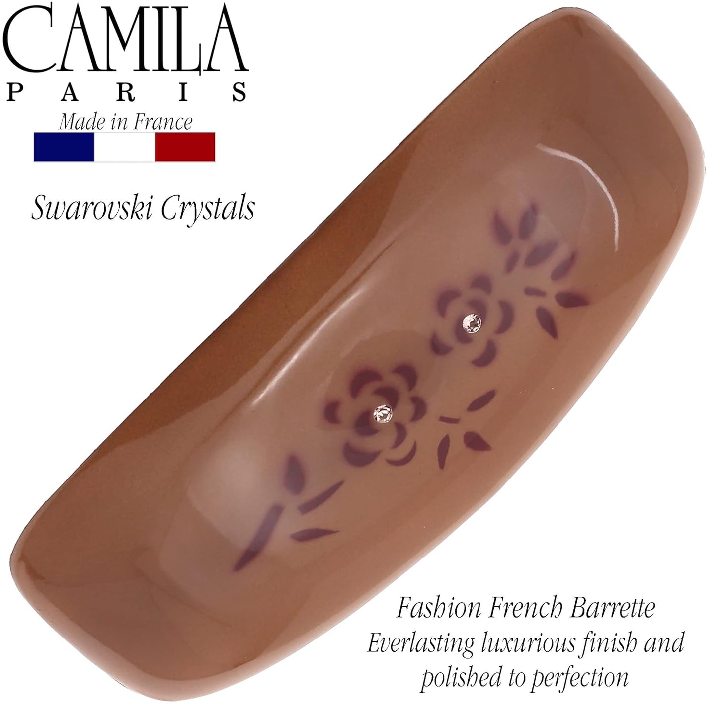 Camila Paris CP3440 French Hair Barrette Clip for Girls, Brown, Rubberized Automatic Clasp Strong Hold Grip Hair Clips for Women, No Slip and Durable Styling Girls Hair Accessories, Made in France