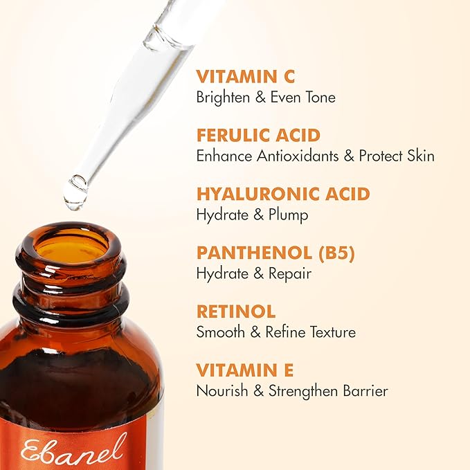 Ebanel Vitamin C Serum for Face with Ferulic Acid, Retinol, Vitamin B5 & E, Antioxidant Brightening Serum, Dark Spot Remover for Face, Anti-Aging Facial Skin Care for Day and Night
